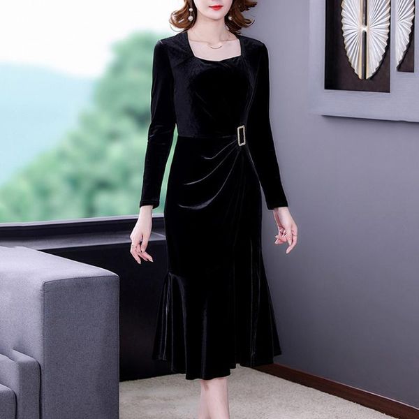 

casual dresses fall winter velvet dress women long sleeve ruffle hem black mermaid fashion vintage evening party, Black;gray