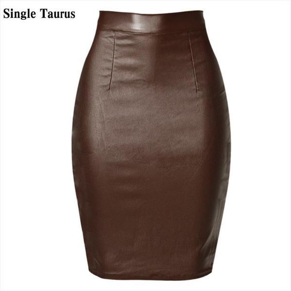 

high waist leather summer cotton womens skirts coated denim saia feminina fashion push up knee length faux brown faldas mujer, Black