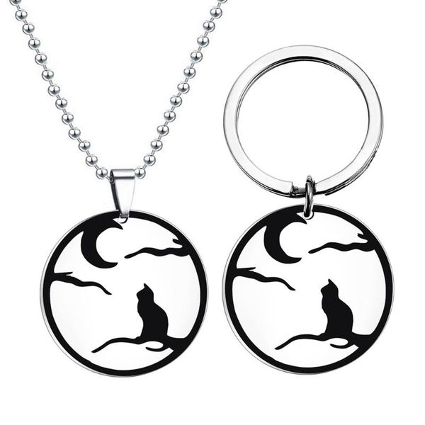 

pendant necklaces stainless steel necklace moon cat halloween jewelry keychain gift couple titanium diy custom, Silver