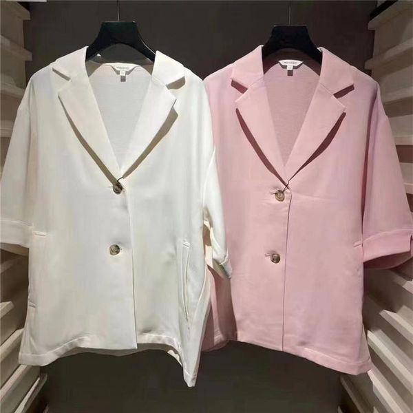 

women's suits & blazers 2021 summer mm family flat lapel collar off shoulder single breasted five split sleeve pink suit coat female-12, White;black