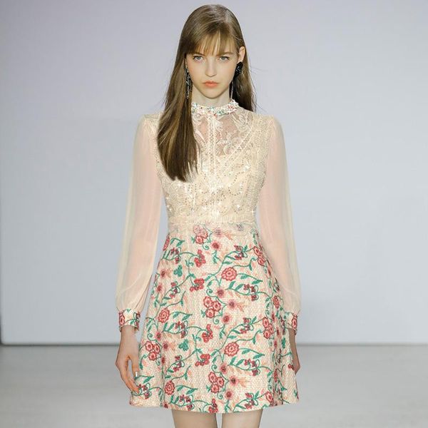 

casual dresses gedivoen autumn fashion runway short dress women long sleeve beading sequined lace a-line elegant mini, Black;gray