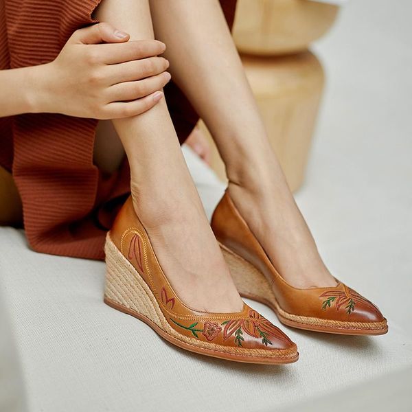 

dress shoes mezereon women pumps cow leather high heels woman espadrilles slip on embroider wedge ethnic design female 7.5 cm, Black