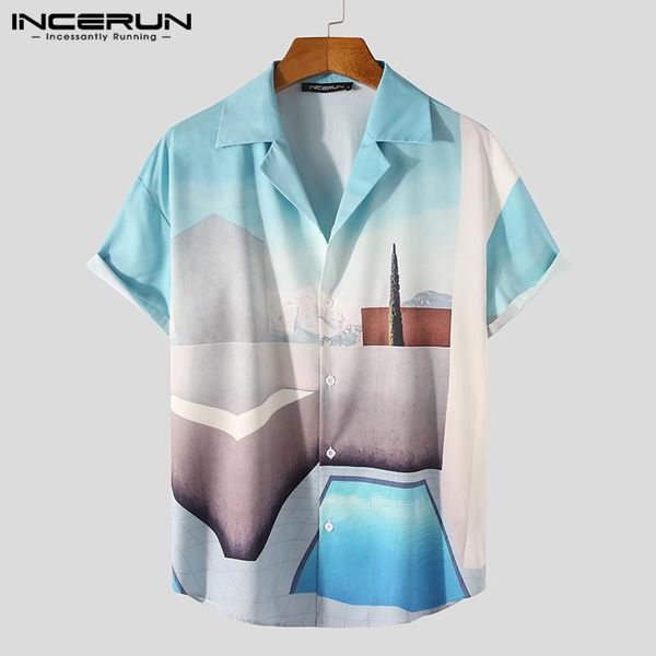 

summer printed men shirt lapel streetwear short sleeve breathable camisas button fashion casual hawaiian shirts incerun men's, White;black