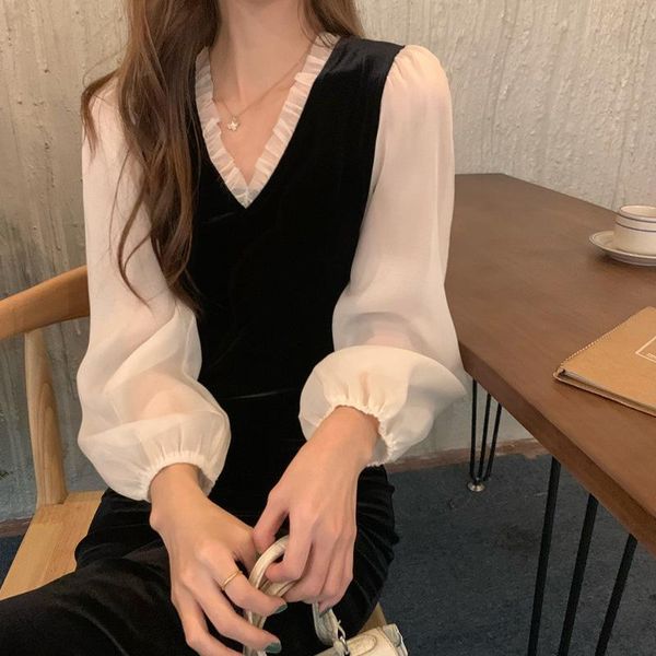 

casual dresses french hepburn v-neck patchwork bubble sleeve slim dress feminine medium length velvet small black, Black;gray