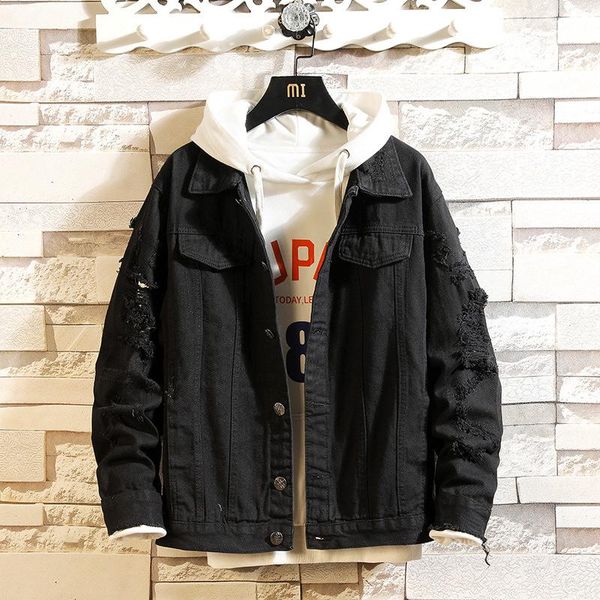 

men's casual shirts spring and autumn hole denim jacket loose coat top, White;black