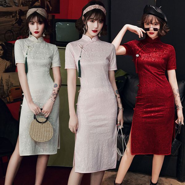 

luxury cheongsam spring and summer composite lace medium length old shanghai catwalk show eight button improved slim girl cheongsam drs, Blue;red