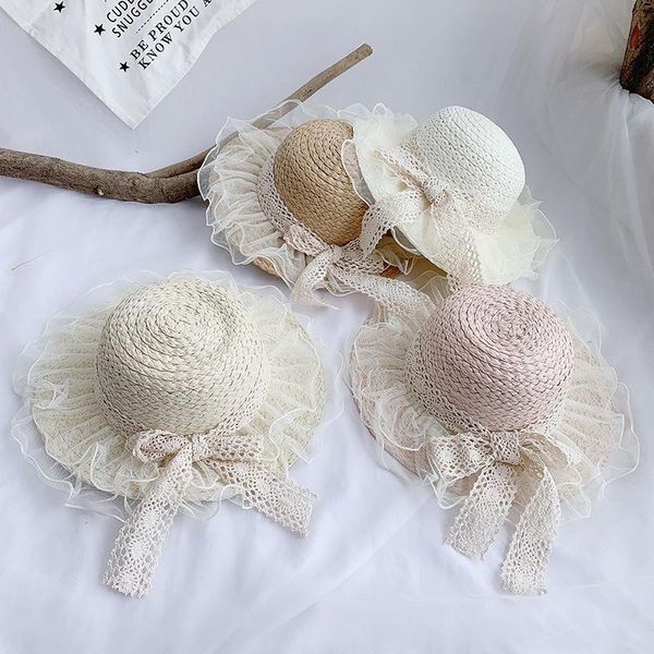 

wide brim hats girls children cute casual big ribbon straw outdoor travel vacation beach floppy lace sun, Blue;gray