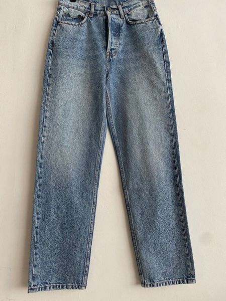 

jean women's solid color jeans high waist simple casual loose long trousers, Blue