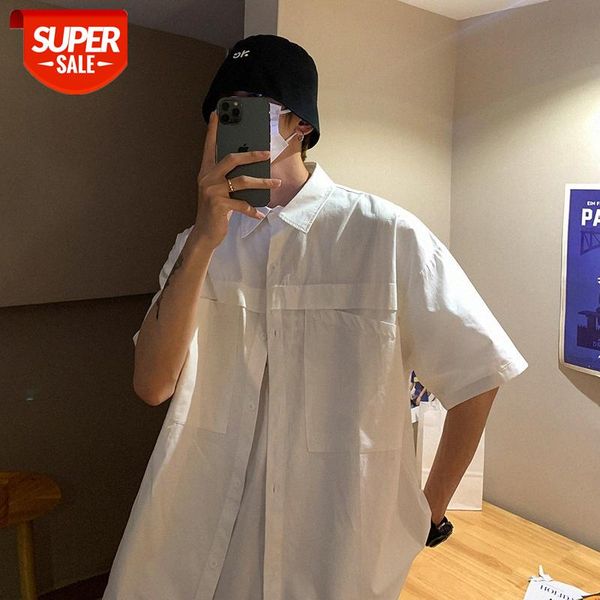 

korean style simple solid color clean short-sleeved shirt men's designer big pocket white #gx0f, White;black