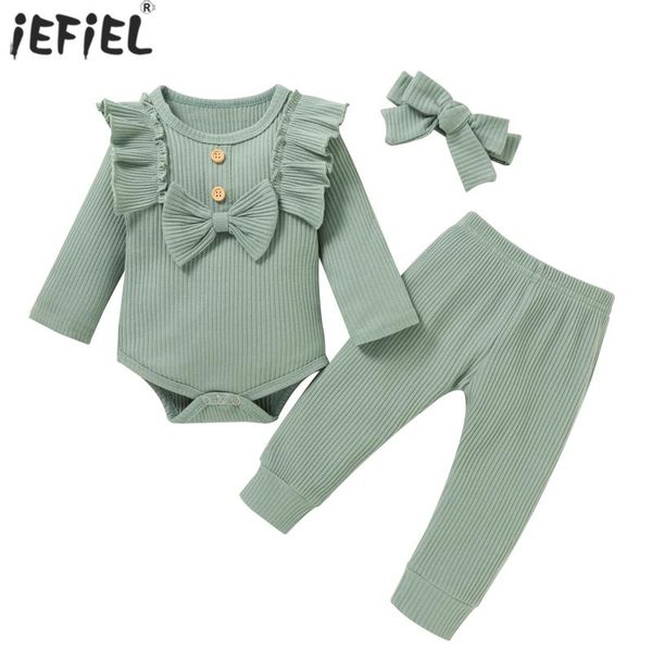 

clothing sets born baby girl clothes set toddler outfits fashion big bow knitted ribbed bodysuit+pants kids girls outfit 0-24m, White