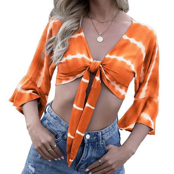 

women's tie-dye printed self lacing midriff-baring three-quarter ruffle sleeve wrapped t-shirt for spring summer, White