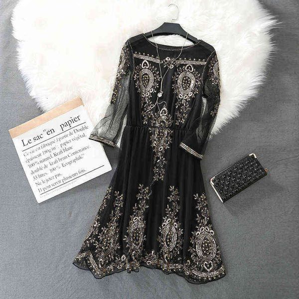 

luxury women's casual dresses 2022 spring and summer fashion heavy industry nail bead seven point sleeve sequin temperament dresses, Black;gray