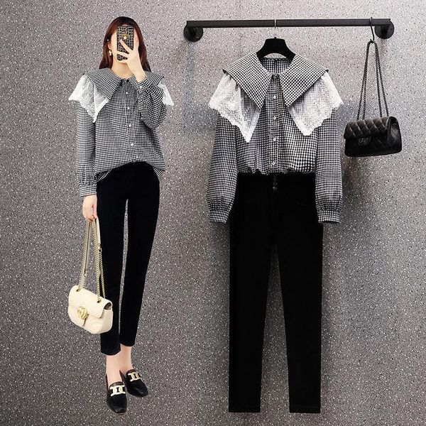 

women's two piece pants autumn two-piece suit, plus size plaid shirt, all-match overalls, women, White