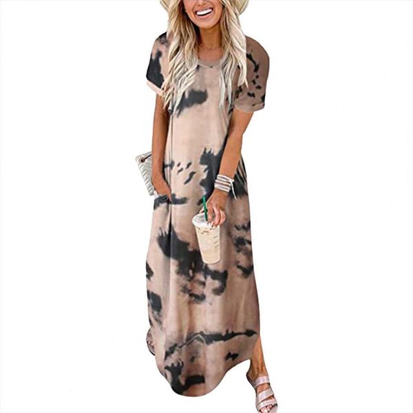 

sales maxi printed split women dress short sleeve round neck dating, Black;gray