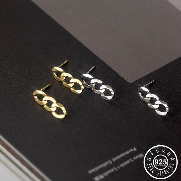 

stud 925 sterling silver geometric chain shape punk gold color plated small earrings jewelry for women, Golden;silver