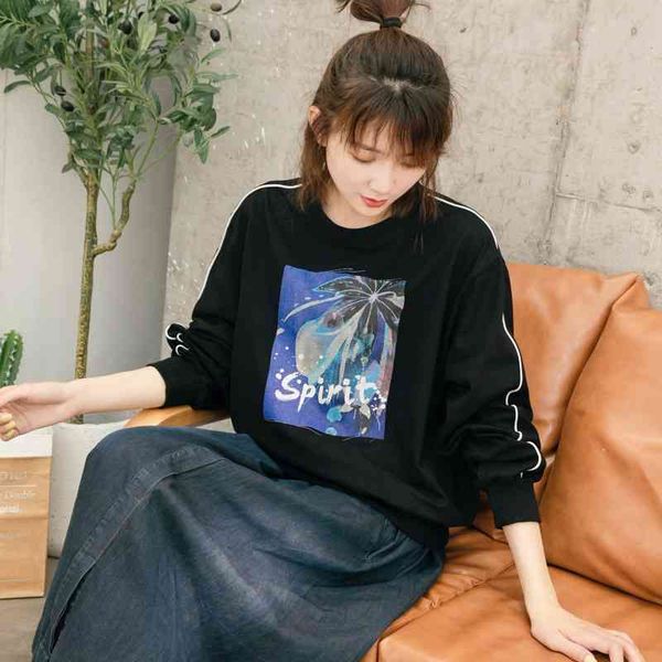 

korean spring new loose black printing long sleeve light mature women's design