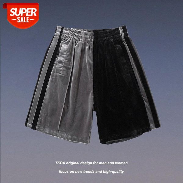 

tkpa american street style side striped retro velvet color matching sports shorts men and women casual five-point pants #jo3i, Black
