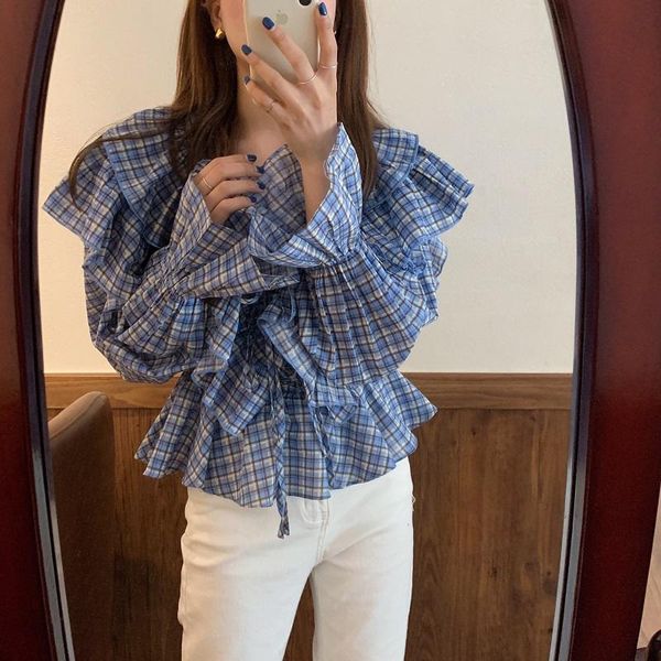 

women's blouses & shirts korean style streetwear ruffles v-neck flare sleeve women autumn elegant vintage plaid shirt, White