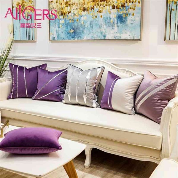 Avigentes Roxo Branco Luxo Luxo Quadrado Throw Travesseiro Caso Patchwork Listrado Almofada Capas Para Sofá Quarto Sala de Estar 210401