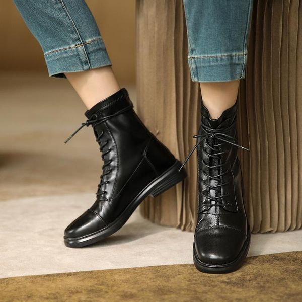 

boots cross tied shoes woman winter genuine leather round toe 3cm low heels ankle for women office lady, Black