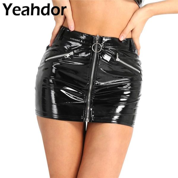 

skirts black women ladies wetlook stretchy faux leather fake zipper pockets bodycon mini skirt evening party nightwear clubwear