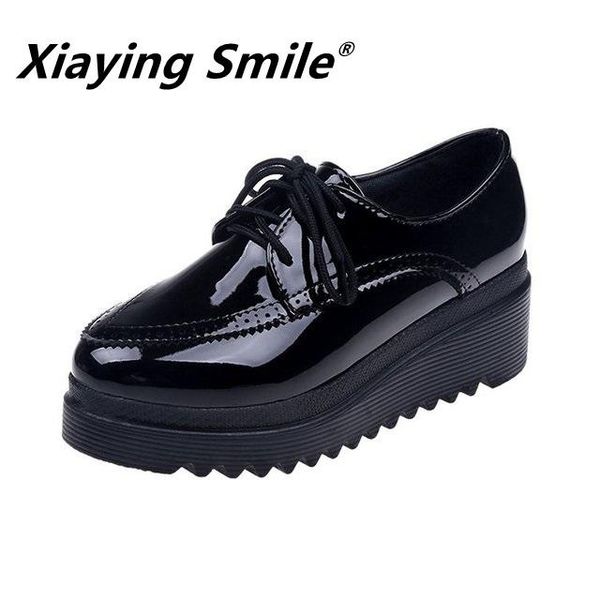 

xiaying smile shose women slope heel single shoes thick soled muffin british retro carved lace casual size 35-39 dress, Black