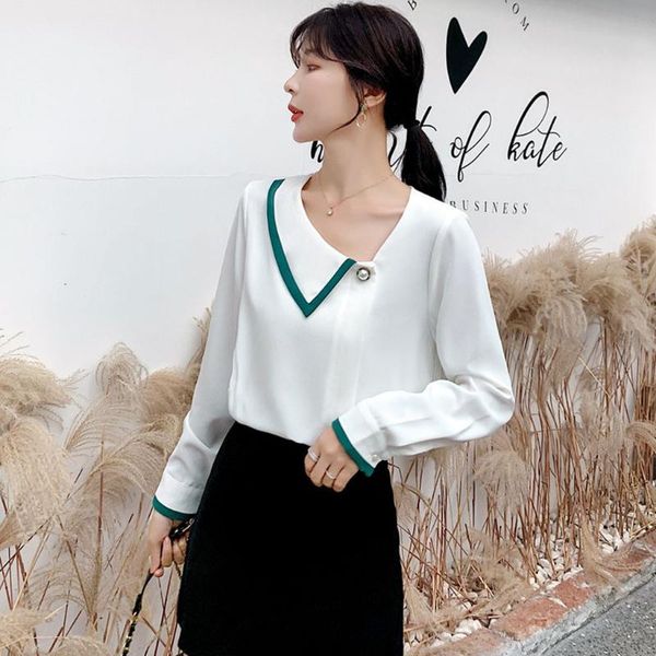 

women 2021 summer casual irregular collar chiffon shirt retro long sleeve ruffles lace blouse g3 women's blouses & shirts, White