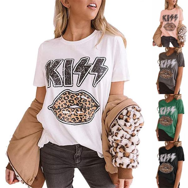 

kiss letter leopard lips print women t shirt s tshirts cute graphic vintage causal harajuku summer oversized clothes female, White