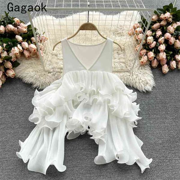 

blusas de mujer women summer high street chiffon ruffles sleeveless shirts v-neck fashion ladies wild blouses 210531, White