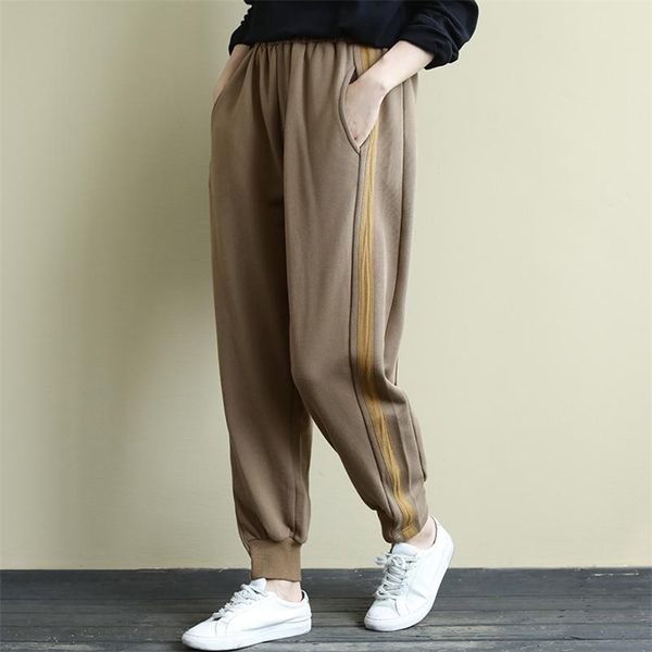 

arrival spring autumn women elastic waist loose pants side stripe spliced cotton casual harem female trousers s380 210512, Black;white