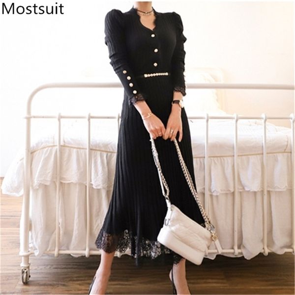 

korean knitted two piece skirt sets women autumn winter v-neck + lace patchwork suits outfits fashion ladies set 210513, Black;gray