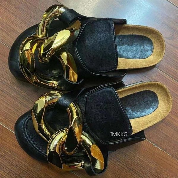 

slippers summer women leather mules gold chain decor round toe flat lazy loafers shoes women's outdoor casual female, Black