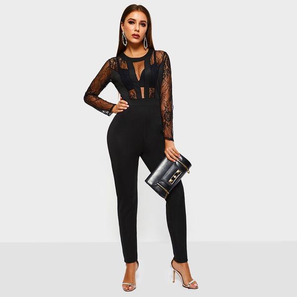 

women's jumpsuits & rompers jumpsuit women spring black lace see through mesh hollow out skinny elegant ladies stretch trousers party, Black;white