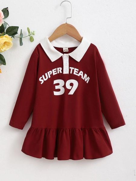 

toddler girls letter graphic contrast polo neck ruffle hem dress she, Red;yellow