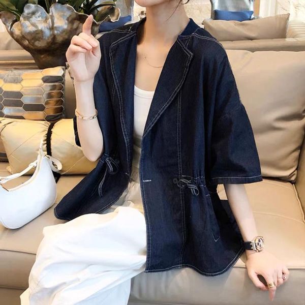 

women's jackets autumn 2021 fashion draw back denim jacket loose casual solid color lapel western style drawstring 7-point sleeve, Black;brown