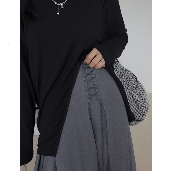

skirts lace up pleated high waist a-line women's grey fashion temperament medium long foreign style hepburn skirt fall 2021, Black