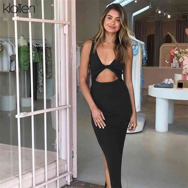 KLALIEN Frühling Sommer sexy backless Mode einfache schwarze Rippe stricken Maxikleid Büro Dame Streetwear Casual Damenkleidung 210730