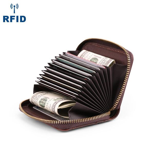

card holders real leather men women with money pockets zipper closure, Brown;gray