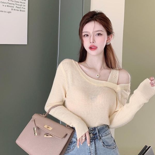 

women's sweaters autumn 2021 black slim long sleeve for women with irregular design feeling off the shoulder knit bottom, White;black