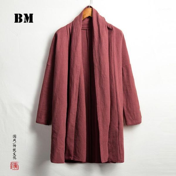 

chinese style spring mid-length windbreaker jacket casual road robe linen solid color hanfu harajuku cardigan men clothing men's trench, Tan;black