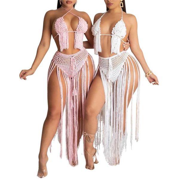 

women's swimwear women beach halterneck bikini + briefs long tassel decoration hand-knitted crochet summer clothing, White;black