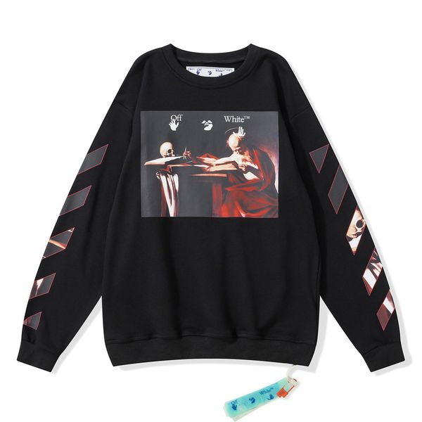 

21ssoff new religious skull oil painting white arrstyle print style loose round neck sweater men's and women's fashion, Black