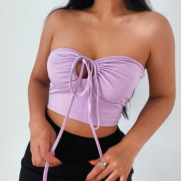 

women's tanks & camis aiiou drawstring ruched cut out halter tube women bandage sleeveless strapless purple cropped summer casual party, White