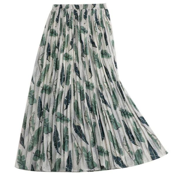 

women tropical green leaves printing pleats midi skirt faldas mujer elastic waist ladies casual boho drape skirts, Black