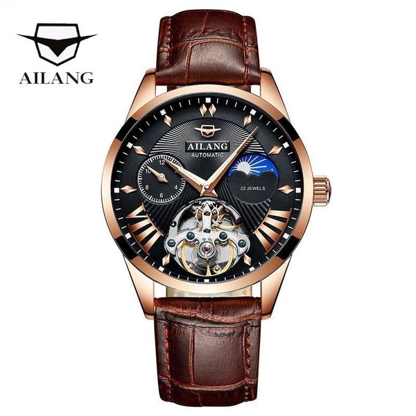 

wristwatches ailang business men's automatic machinery watches multifunction tourbillon calendar week month display leather watch 8607a, Slivery;brown