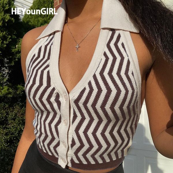 

heyoungirl halter sleeveless knitted crop women backless y2k tank autumn print v neck vest ladies button knitwear, Black;white