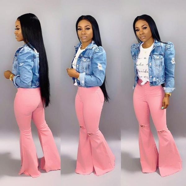 

women's jeans bkld pink denim ripped pants femme s-2xl bodycon clubwear women 2021 summer high waist flare, Blue