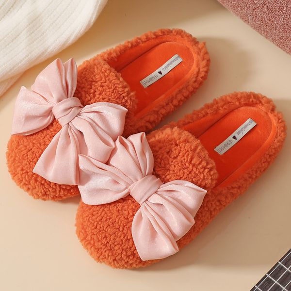 

winter woman cute slippers warm plush bowknot ladies cotton shoes womens home indoor slippers female house shoes girl slippers, Black
