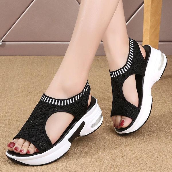 

women sandals 2021 summer casual slope with ladies fashion breathable mid-heel round toe fish mouth zapatos mujer, Black
