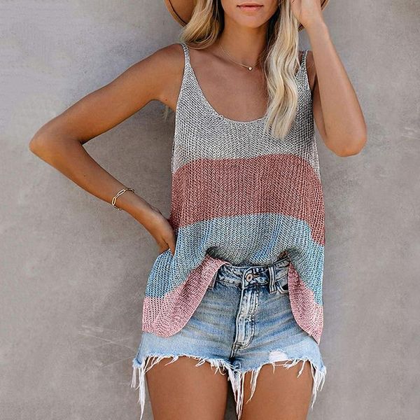 

women's tanks & camis summer thin tank female striped casual o-neck sleeveless suspenders fashion beach vacation knitted 2021, White